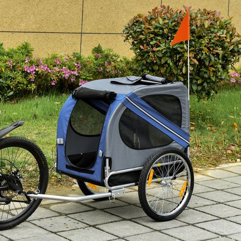 Remorque pour animaux, remorque pour chien, remorque pour vélo, pliable, avec housse de pluie, en acier, gris et bleu, 130 x 73 x 90 cm (1/5)