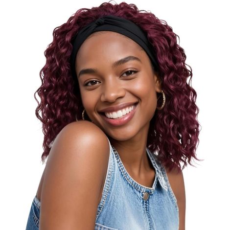 Perruque Bandeau Bouclé 14" Moyen Auburn Bandeau Pour Synthétique Sans Colle Deep Wave Perruque Femme Naturelle Bandeau épaules(Bordeaux 14"99J) (1/5)