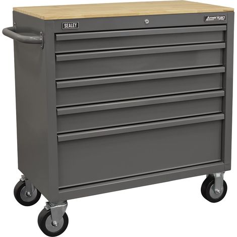 Sealey APMWS1G American PRO Mobile Workstation with Wooden Worktop 5 Drawer - Grey (1/5)