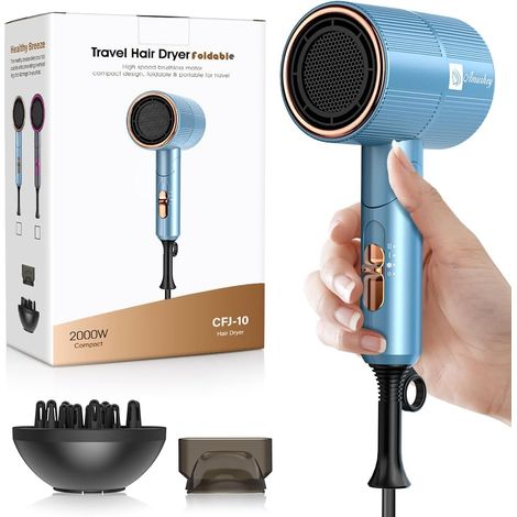 Sèche-cheveux ionique-Flux d'air de 24 m/s/Pliable (env. 250g)110000 tr/min Sèche-cheveux de voyage 2000 W avec Concentrateur (1/5)