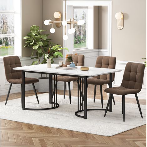 Esszimmergarnitur aus MDF und Metall in Weiß, 140x80 cm, 5-teilig mit 4 Samtstühlen und verstellbaren Tischfüßen (1/5)
