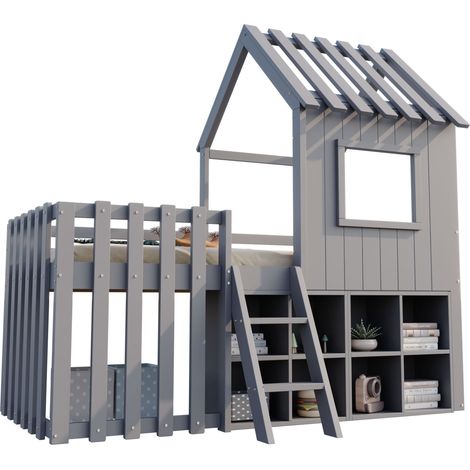 Lit cabane enfant 90x200 gris avec toit, fenêtre, échelle et rangement ouvert HOMVRA (1/5)