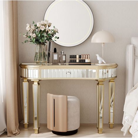 Consola espejo de media luna 120 x 38 x 78 cm con cajón, dorado y plateado DESVIAE (1/5)