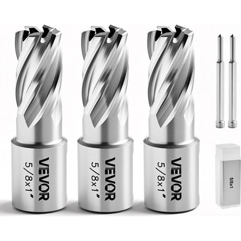 VEVOR Juego de Cortadores Anulares 5 Piezas, Juego de Brocas M2AL HSS de Vástago Weldon Profundidad de Corte 25,4mm Diámetro 15,87mm con 2 Pasadores Guía, 3 Cortadores, Estuches para Taladro Magnetico (1/5)