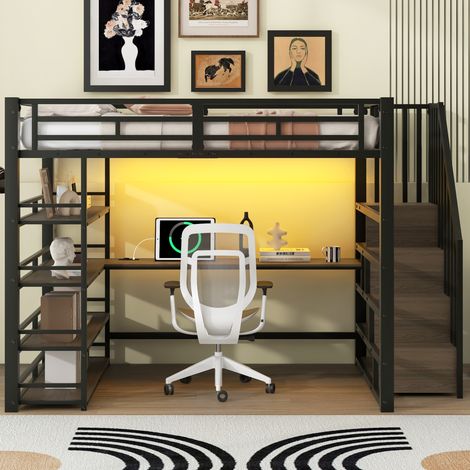Cama alta con escritorio y estantes LED negra 140x200 OKMYHOME (1/5)