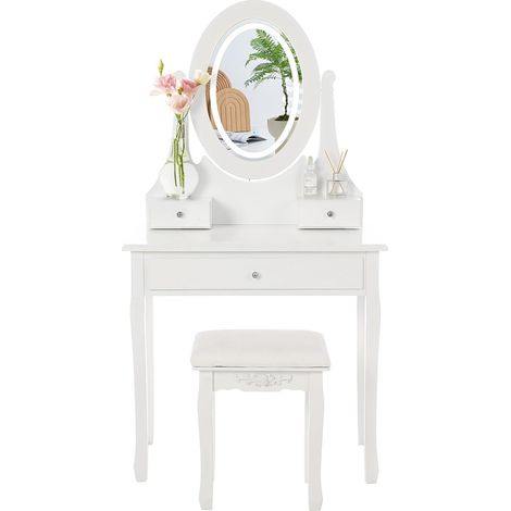 Coiffeuse Moderne avec Miroir Ovale Lumineux LED et Tabouret Rembourré, Table de Maquillage avec 3 Modes d'Éclairage et 3 Tiroirs pour Chambre, Bureau 2-en-1