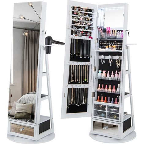 Armoire à Bijoux Pivotante 360°, Miroir Pleine Longueur, LED, Étagère 3 Niveaux, Blanc, Porte Verrouillable CW89870 (1/2)