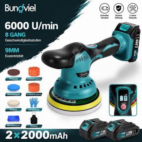 Polierer Akku Poliermaschine, 21 V, 9mm, kabelloser Autopolierer, Pufferschleifer, 8 Geschwindigkeiten, elektrischer Reiniger + Pads + 2 x 2,0 A Akkus + Ladegerät, kompatibel mit Makita 18 V Akku (1/5)