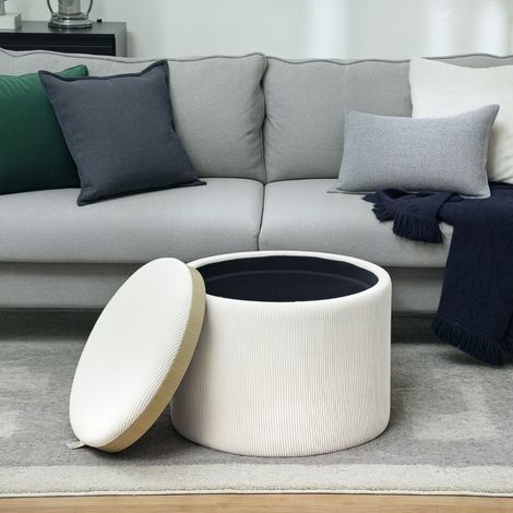 REDOM Pouf 56x56x42 cm Rangement dissimulé Revêtement velours côtelé Polyester Blanc crème (1/5)