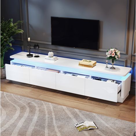 Mueble TV 180x34x40 cm, con 4 cajones, iluminación LED, acabado brillo, tablero de partículas, blanco (1/5)
