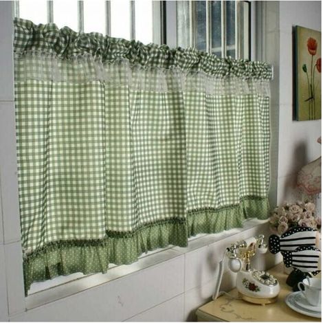 Piece 140×60cm Half-light curtains, small peacock green checked curtains, perforated kitchen curtains without rod, blackout in the bedroom and living room (1/4)