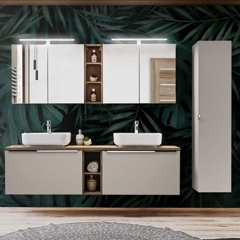 Badmöbel Set in taupe mit Vintage Eiche PUEBLA-56-TAUPE Doppel-Waschtisch mit 2 Keramik-Waschbecken, 2 LED-Spiegelschränke & Hochschrank, B/H/T 225/200/46 cm (1/5)