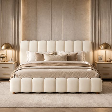 Cama tapizada 180/200 cm beige de terciopelo con canapé hidráulico y somier de lamas (1/5)
