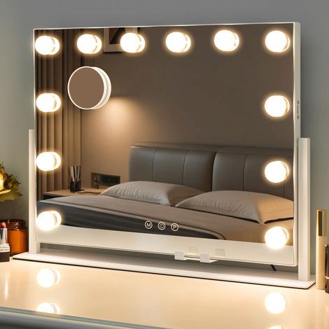 Miroir de Maquillage avec Lumières, 56x43 cm Miroir de Courtoisie HD avec 3 Modes de Couleur, Capteur Tactile, Cadre en Métal Rotatif à 360°, Blanc, Prêt pour (1/5)