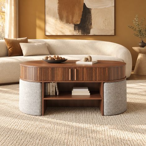 Tavolino basso ovale contenitore 120 x 60 x 51,5 cm con pouf in tessuto, noce DESVIAE (1/5)