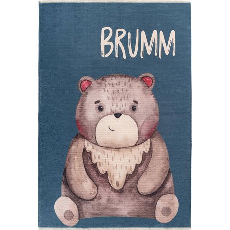 Tapis enfant ours brumm doux antidérapant lavable - Bleu pétrole avec ours brun beige (1/3)