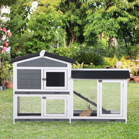 Conejera de Madera Exterior con Techo Asfáltico 2 Corrales de Metal Bandeja Extraíble 157,4x53x93,5 cm Gris (1/5)