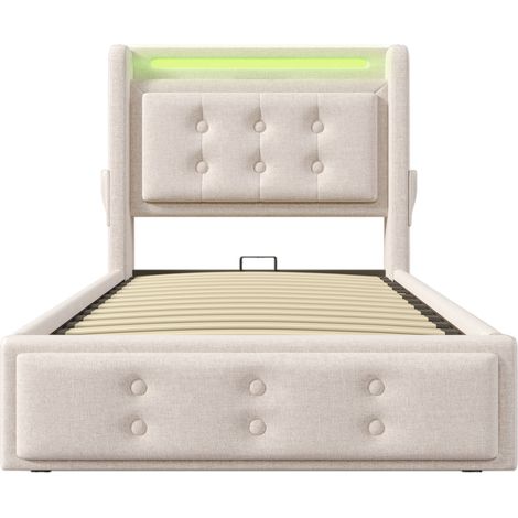 Cama tapizada 90x200 beige con cabecero LED, USB-C y arcón hidráulico (1/5)