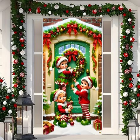 Nouvelle décoration de porte de Noël, motif Père Noël pour jardin, cour ou extérieur - 90 x 180 cm (perforée + ruban) - 14