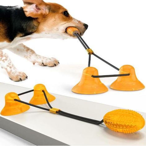 1 jouet pour chien avec ventouse, balle en caoutchouc TPR, double ventouse, distributeur de friandises, nettoyage dentaire, pour sols lisses (1/5)