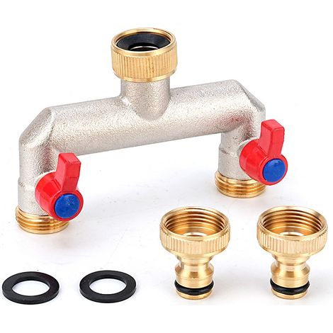 Distributeur d’eau 2 voies 3/4 pouces – Raccord hexagonal robuste avec adaptateur 1/2 pouce – Vanne de répartition pour jardin-Rouge