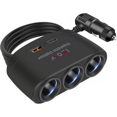 Adaptador de encendedor de cigarrillos 3 en 1 con carga rápida USB+PD de 120 W y 3 tomas (12-24 V) para coche, camión y SUV.