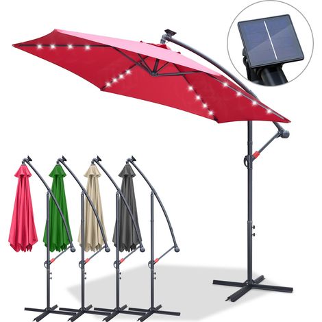 EINFEBEN Parasol Deporté Lumineux Ø300CM - 24 LED & Base en Croix - Hauteur et Angle Réglables - Système de Manivelle, Vin Rouge (1/4)