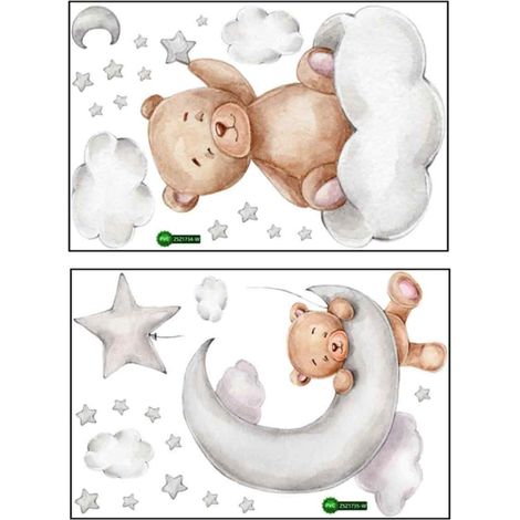 Lot de 2 stickers muraux pour chambre d'enfant : ours en peluche dormant sur la lune et dessins animés. Décoration murale intérieure pour chambre de bébé. (1/5)