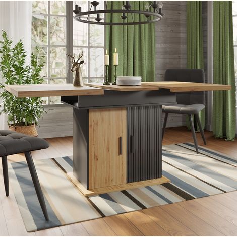 Table à manger extensible pour 4-6 personnes 140×80×75cm avec rangement, table de cuisine et de salon, MDF, 2 portes, Marron clair+noir (1/5)