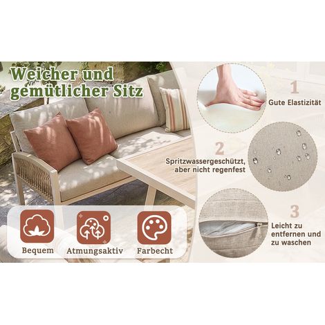 Canapé de jardin entièrement tressé pour 7 personnes, avec accoudoirs. Structure en fer robuste et coussins de couleur beige. Complet avec un bureau (décor en bois) et 2 fauteuils. Conception résistan (1/5)