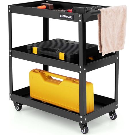 COSTWAY Carro de Herramientas con Ruedas, Carro de Taller de Herramientascon 3 Estantes Espaciosos, 4 Ruedas Universales, Organizador de Herramientas de Metal Resistente para Garaje, Almacén (Negro) (1/5)