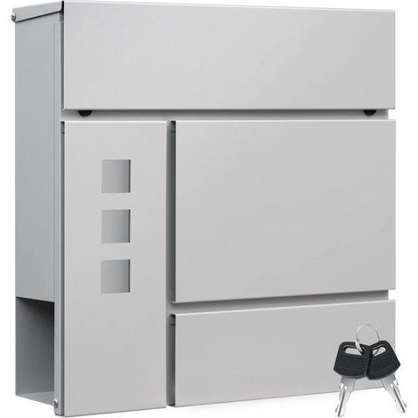 Outdoor mailbox with newspaper holder – wall-mounted model with visible window – 2-key security – 37×37×10.5 cm, Grey (1/5)