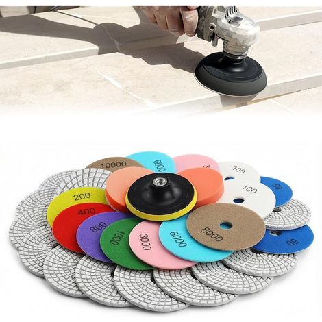 Lot de 16 disques de polissage diamantés 100 mm 50 -10000 avec embout M14 + adaptateur pour polissage sec et humide du granit, marbre, béton, carrelage pour bricolage