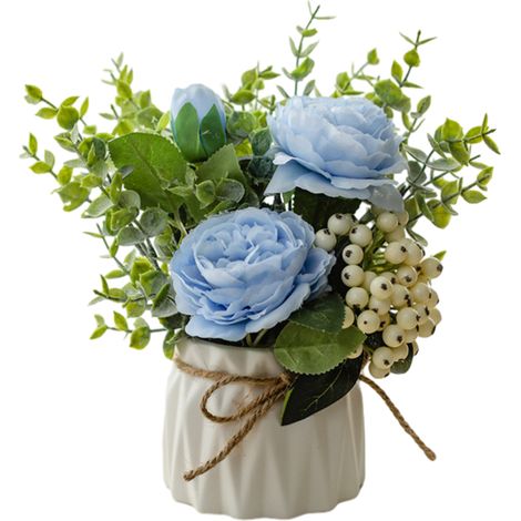 Composition Florale Artificielle - Hortensias Et Eucalyptus Avec Baies - Vase Céramique Blanc - Décoration Intérieure - 1 Pièce (1/5)