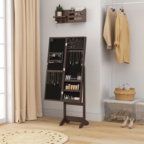 Armoire à bijoux sur pieds, coffret de rangement avec miroir et éclairage LED, organiseur multi-compartiments, meuble à parures, finition brun foncé, grande capacité (1/5)