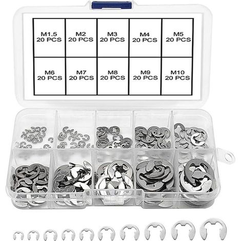Kit de 200 anneaux de retenue externes, en acier inoxydable, 10 tailles M1,5/2/3/4/5/6/7/8/9/10, avec boîte en plastique (1/5)