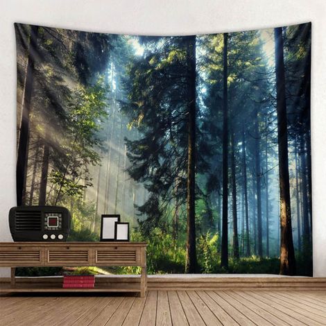 Lntyq Wandteppich, Wandbehang mit Naturlandschaftsbäumen, nordische Kiefernwald-Dekoration, rechteckiger Druckstoff für Wohnzimmer und Schlafzimmer (150 cm x 130 cm) (1/4)