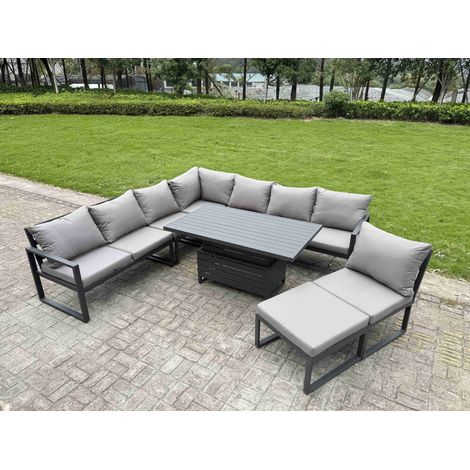 Fimous 8 Pieces Aluminium Garden Furniture Set with Cushions, Patio Furniture Set with Adjustable Rising Lifting Dining Table Big Footstool Dark Grey (1/5)