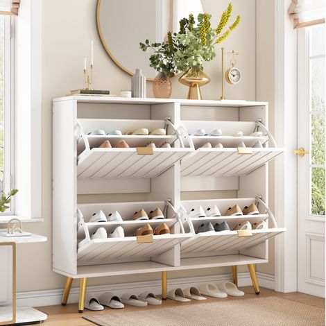 Schuhkipper 100x24x91.5 cm Weiß aus MDF und Spanplatte mit Wellenfronten, 4 Klappen und Kippschutz (1/5)