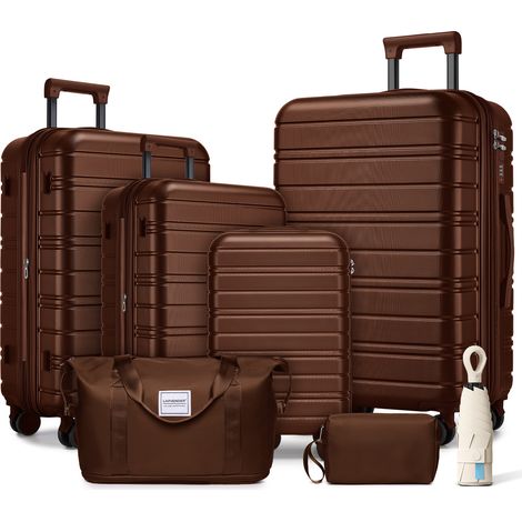 Lot de 6 valises avec sacs de voyage, valises rigides extensibles à roulettes pivotantes, moka (1/5)
