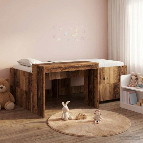 Cama alta para niños con escritorio Madera envejecida