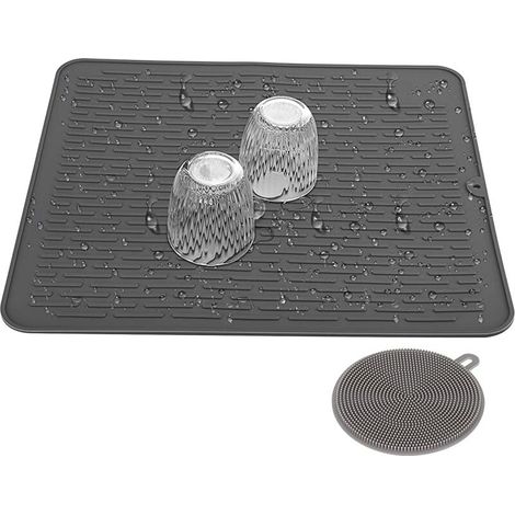 VURAHOME - Tapis de Séchage Vaisselle en Silicone Gris 45x40CM avec Brosse de Nettoyage Tapis Anti-dérapant Résistant à la Chaleur pour la Vaisselle (1/5)