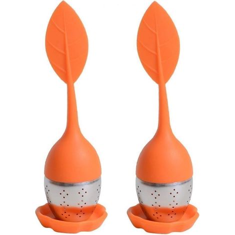 Infuser/infuseur de thé/Filtre diffusseur/passoire a thé à Forme de Feuille de Thé, infuseur réalisé en Silicone à 100% Alimentaire et en INOX de Haute Qualité, Lot de 2 pcs(Orange), (1/4)