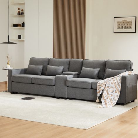 Canapé 4 places en lin avec console USB, gris OKMYHOME (1/5)
