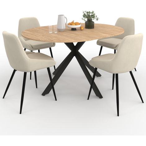 Set ausziehbarer runder Esstisch ALIX aus Holz und Schwarz 110-150 cm und 4 Stühle THALYA Samt beige