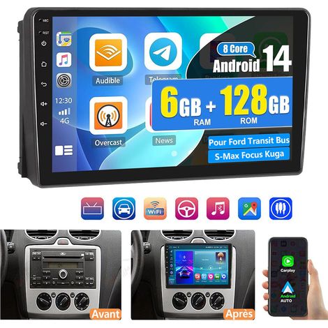 Autoradio GPS Android 14 9" DAB+ 6+128 Go pour Ford Transit, Bus, S-Max, Focus, Kuga, 4G, navigation GPS et Wi-Fi - 6+128G (1/5)