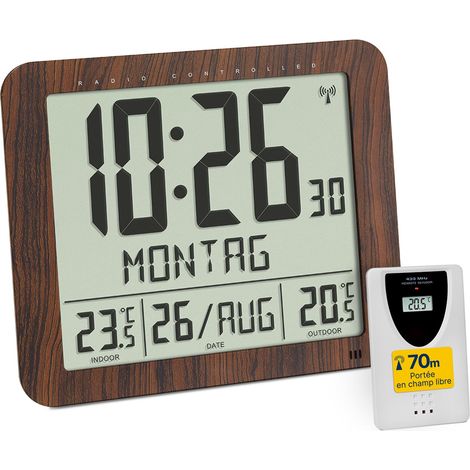 Horloge Murale radiocommandée 60.4518.08, Aspect Bois avec émetteur extérieur, température intérieure et extérieure, Facile à Lire, avec Date et Jour de la Semaine, Marron (1/5)