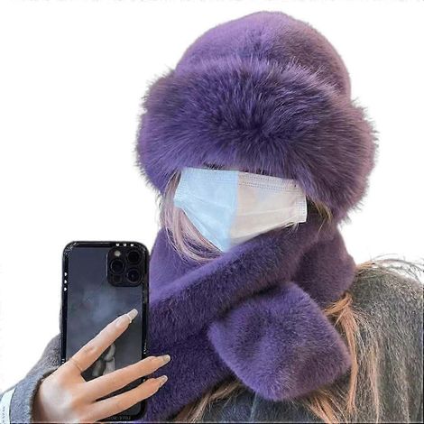 2er-Set Herren-Wintermütze im mongolischen Stil, Nackenwärmer, dick, dehnbar, einfarbig, Ohrenschutz, hält warm-Purple (1/5)