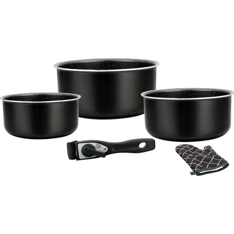 Batterie de cuisine - Set de casseroles induction 5 pièces - Casseroles et poêle tous feux en aluminium forgé avec revêtement marbre et poignée amovible - Noir (1/2)
