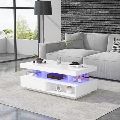 Mesa de centro blanca 95 x 50 x 42,5 cm con 2 cajones, 2 nichos y 4 cristales DESVIAE (1/5)